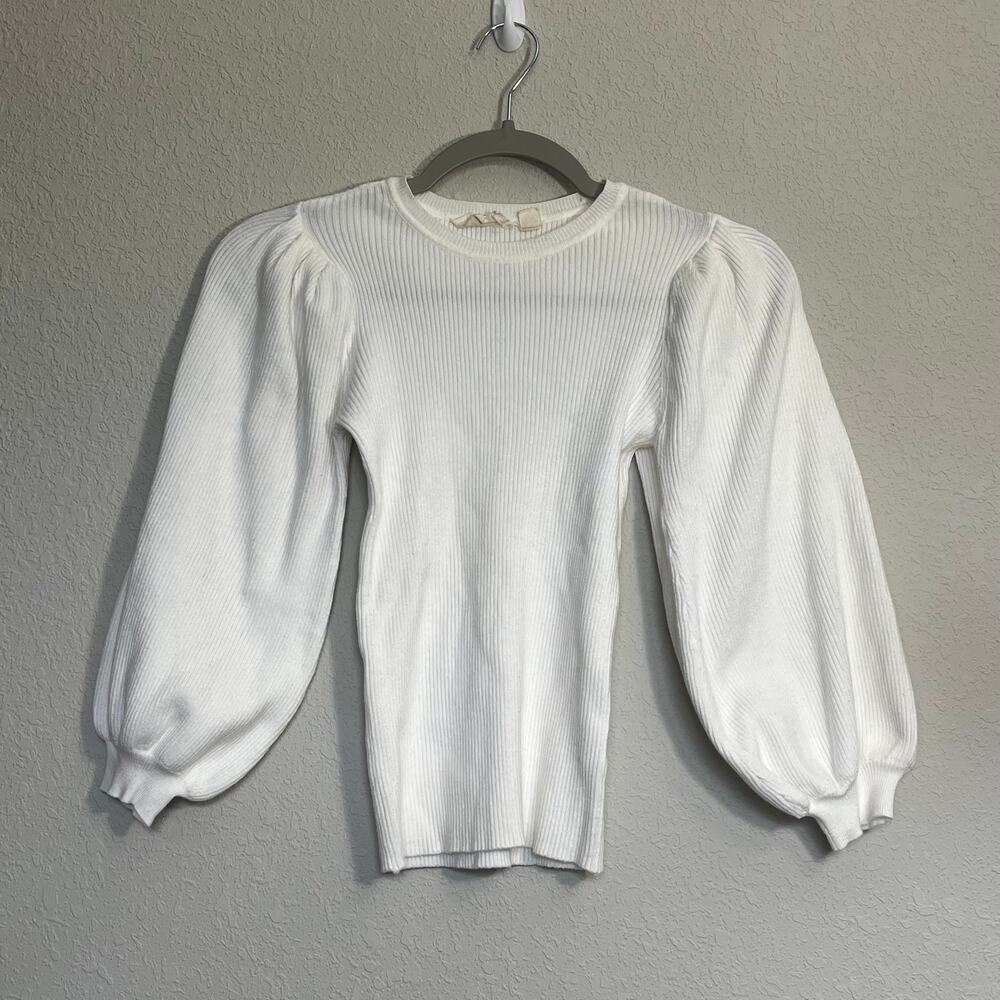 White Ribbed Sweater Puffy Balloon Sleeves Womens XS Soft Girl Parisian Chic